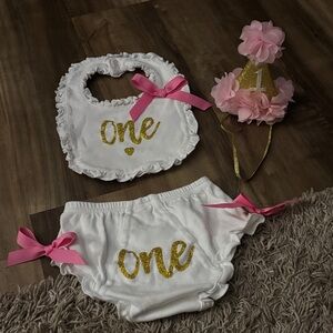 White and Gold Birthday Bib Set with Pink Accents